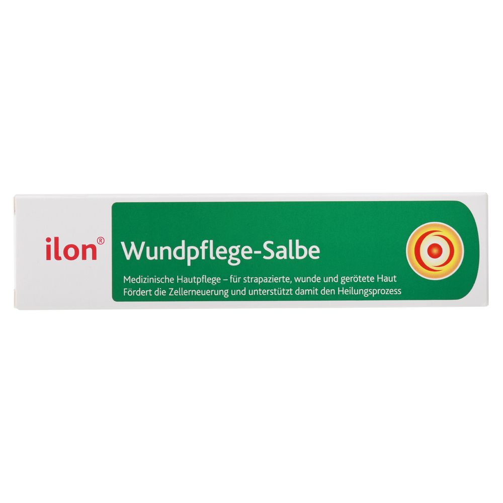 Boîte de ilon® Wundpflege-Salbe. Design vert et blanc, nom et logo du produit clairement visibles.