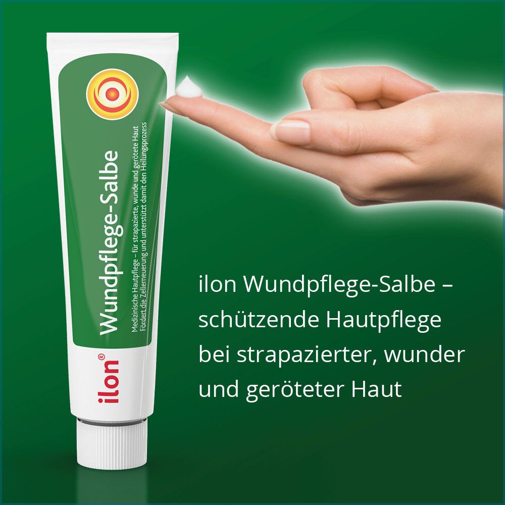 Main avec tube de ilon® Wundpflege-Salbe. Produit appliqué sur le doigt. Design vert et blanc.