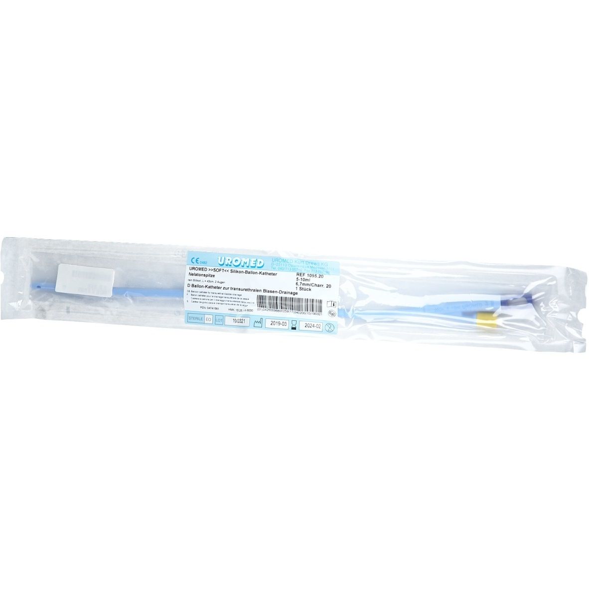 Set de cathéter UroMed jetable dans son emballage. Comprend un cathéter et une poche de drainage.