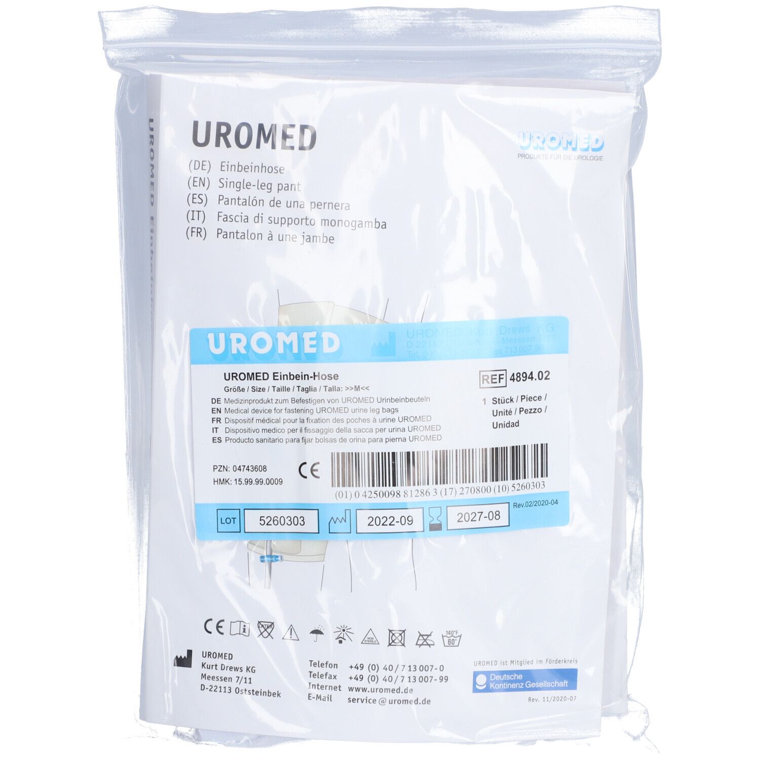 Set de cathéter UroMed jetable dans son emballage. Comprend un cathéter et une poche de drainage.