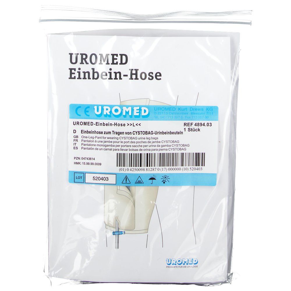 UROMED Einbein-Hose Gr. L dans un emballage. Informations produit et marquage CE visibles.