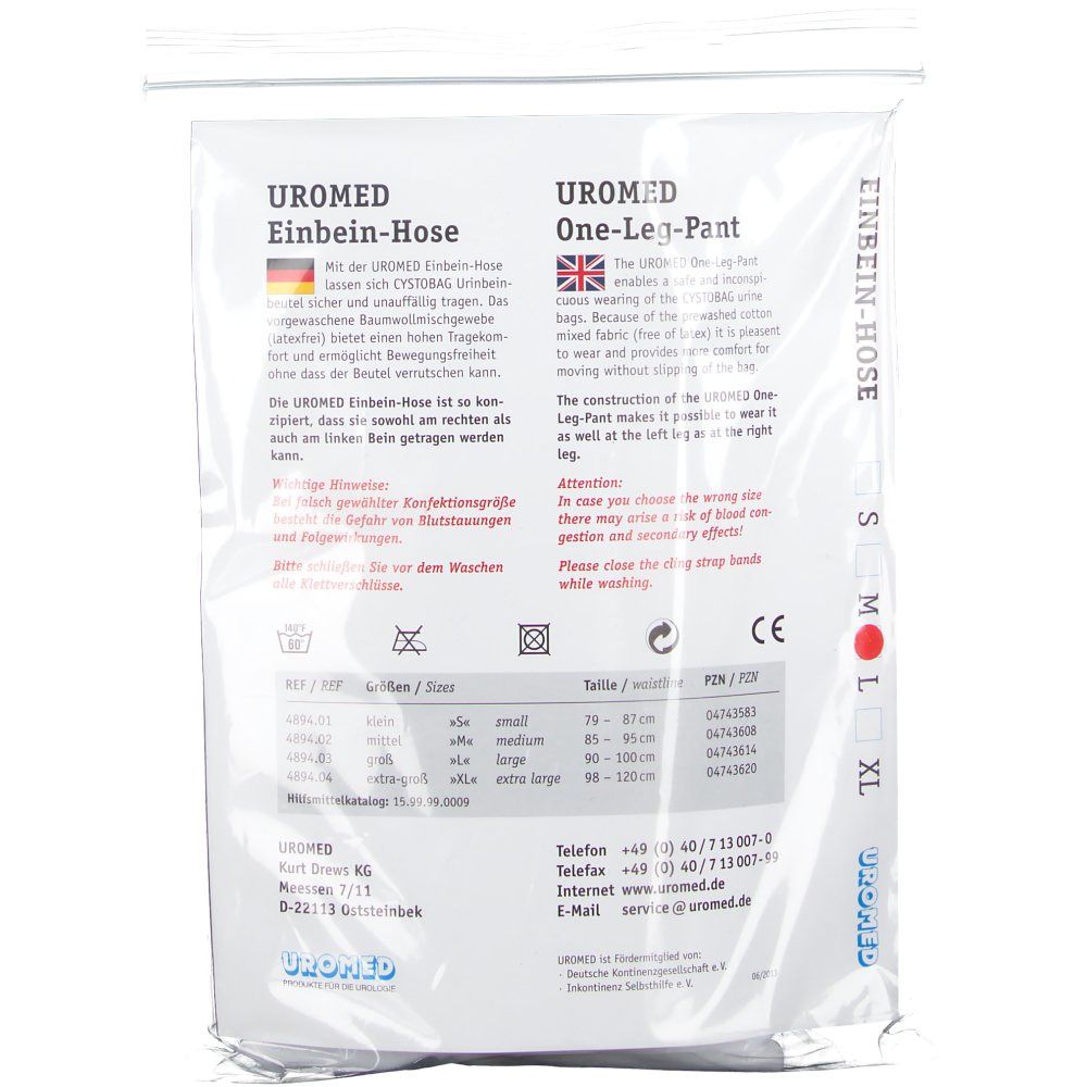 Dos de l'emballage UROMED Einbein-Hose. Indications de taille, marquage CE et informations produit.