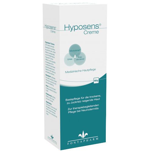 Boîte blanche avec nom et logo du produit. Texte : Soin médical de la peau, 100g. Marque : Hyposens® Creme.