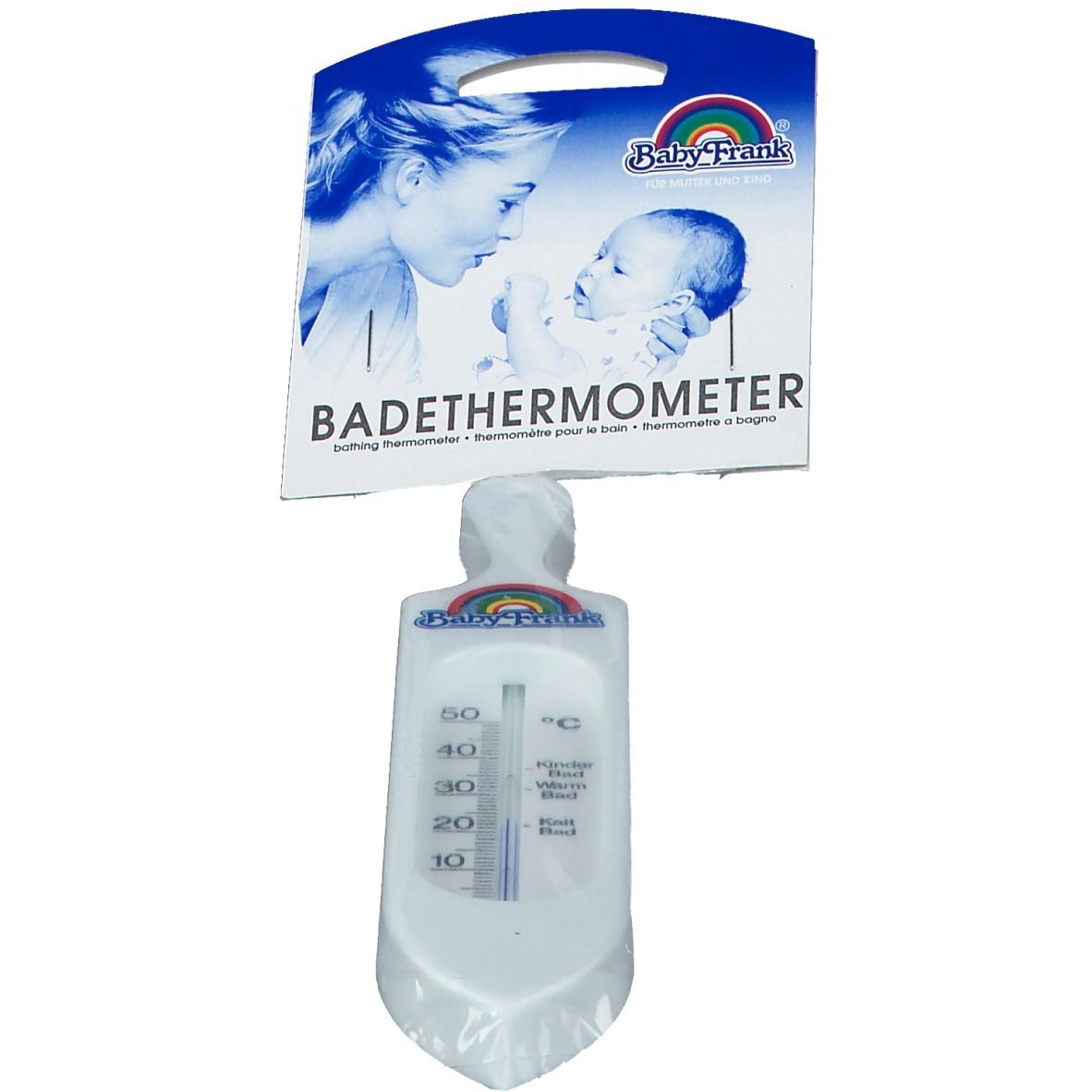 Thermomètre de bain blanc pour bébé avec poignée et échelle de 10-50°C. Marque Baby-Frank.