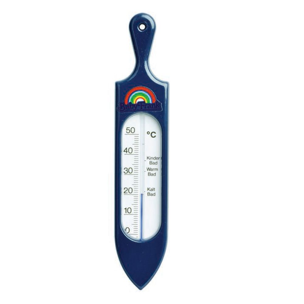 Thermomètre de bain bleu avec poignée. Échelle Celsius. Logo arc-en-ciel. Inscriptions : Kinder Bad, Warm Bad, Kalt Bad.