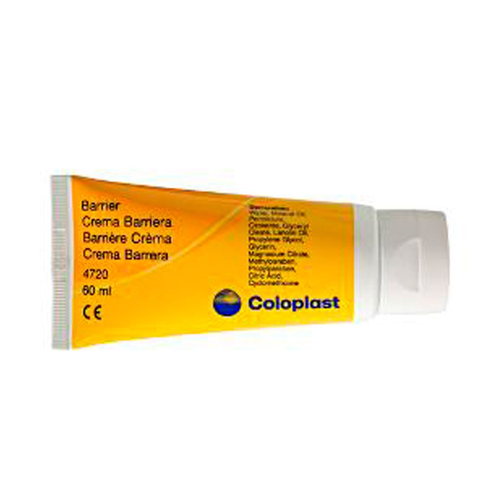 Tube jaune et bouchon blanc. Inscriptions: Barrier, 60 ml, Coloplast. Marque CE.
