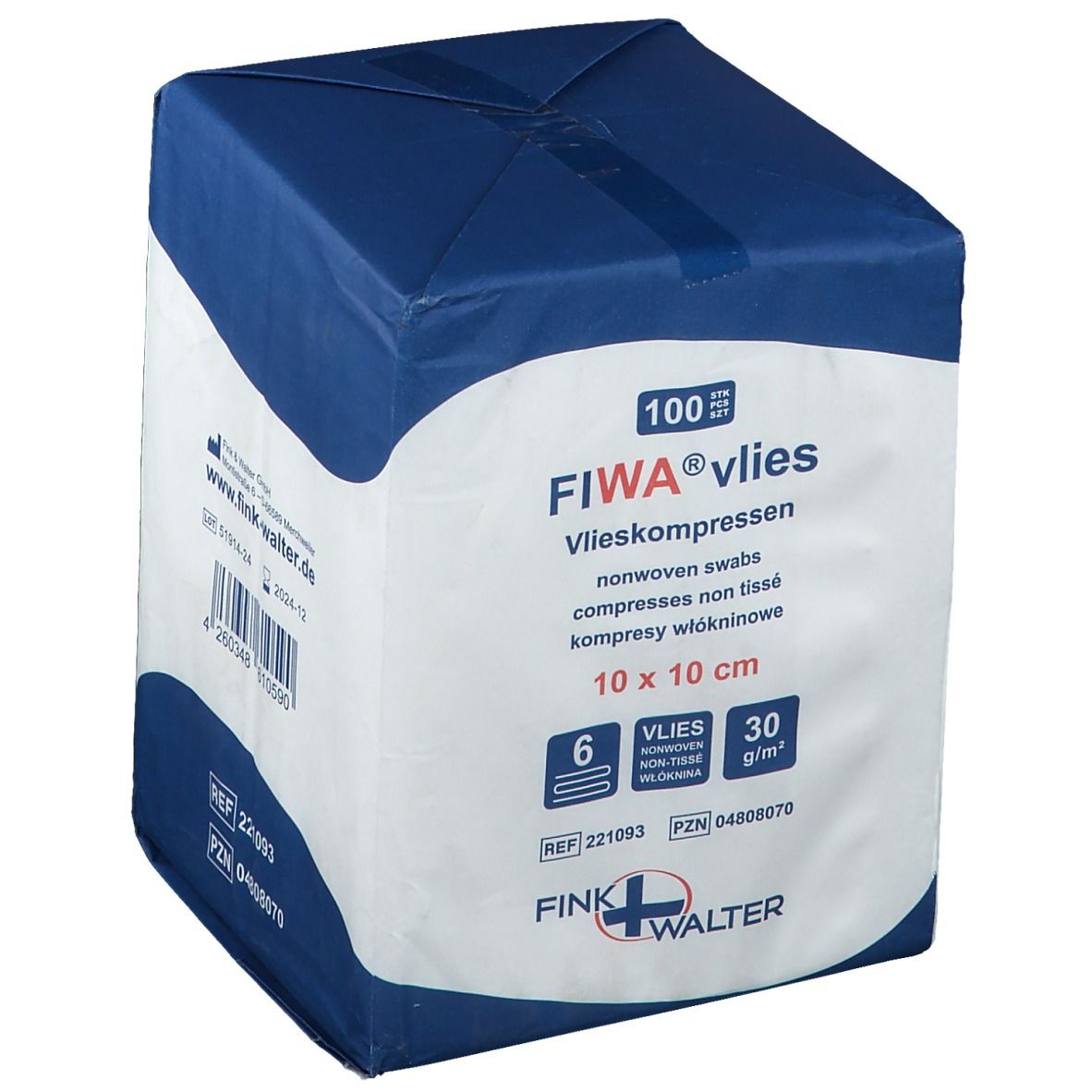 Emballage de compresses non tissées FIWA® vlies 10 x 10 cm. Emballage bleu et blanc avec informations produit et logo.