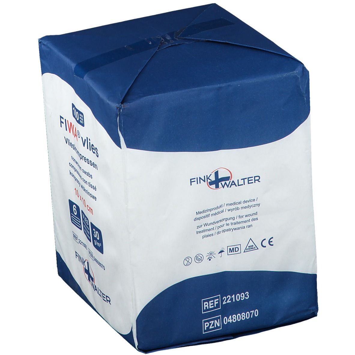 Emballage de compresses non tissées FIWA® vlies 10 x 10 cm. Emballage bleu et blanc avec informations produit et logo.