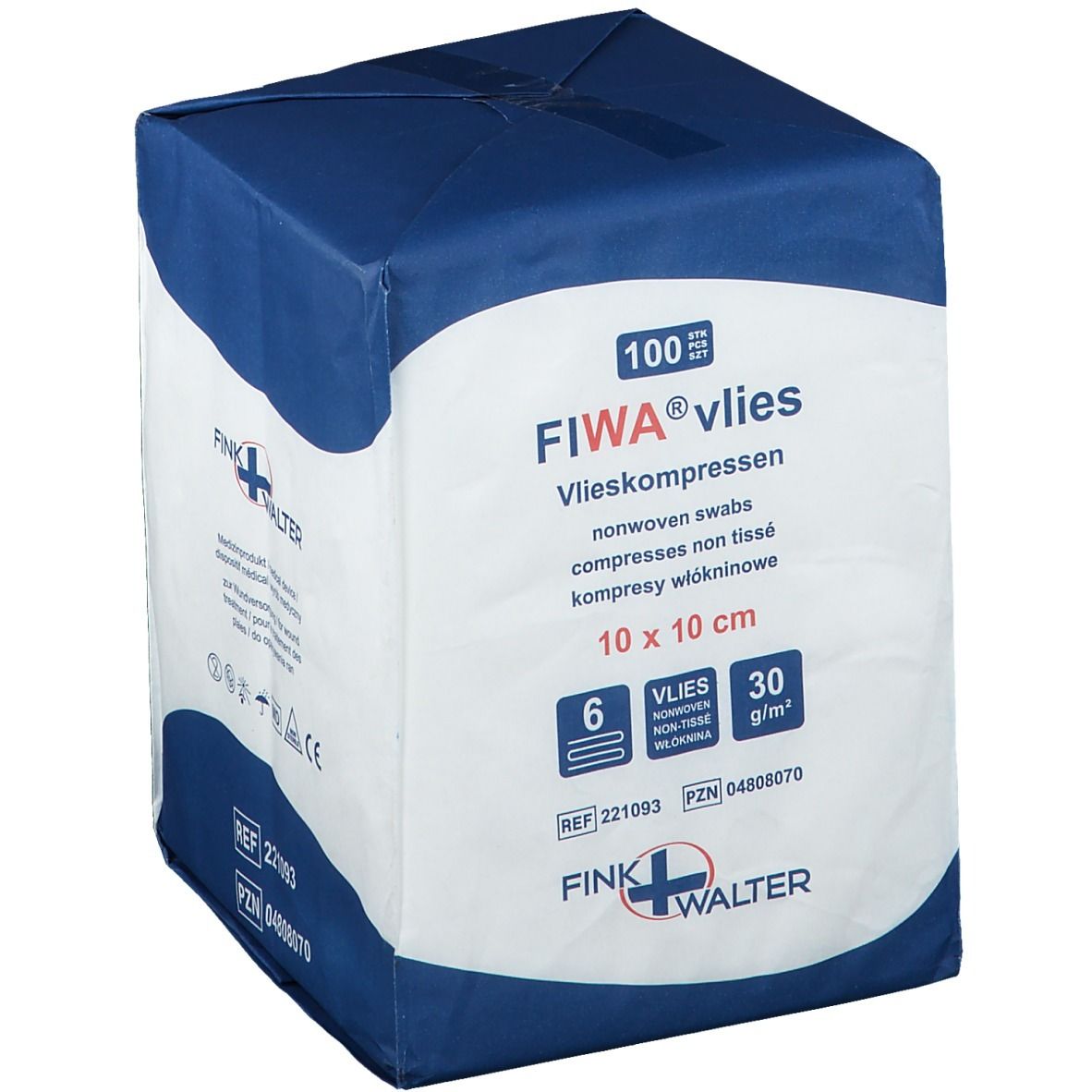 Emballage de compresses non tissées FIWA® vlies 10 x 10 cm. Emballage bleu et blanc avec informations produit et logo.