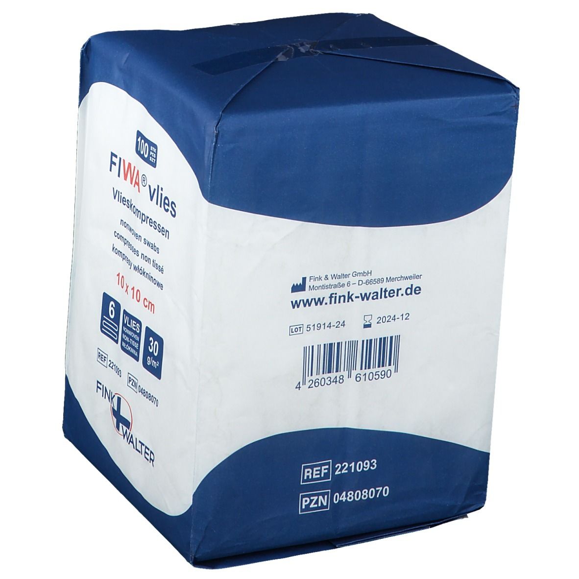 Emballage de compresses non tissées FIWA® vlies 10 x 10 cm. Emballage bleu et blanc avec informations produit et logo.