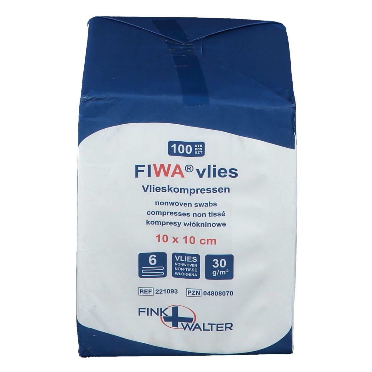Emballage de compresses non tissées FIWA® vlies 10 x 10 cm. Emballage bleu et blanc avec informations produit et logo.