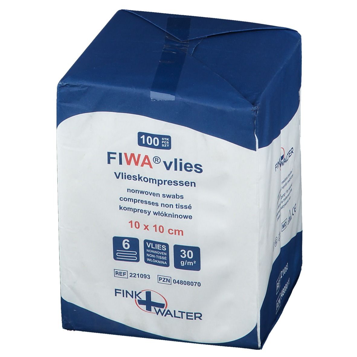 Emballage de compresses non tissées FIWA® vlies 10 x 10 cm. Emballage bleu et blanc avec informations produit et logo.