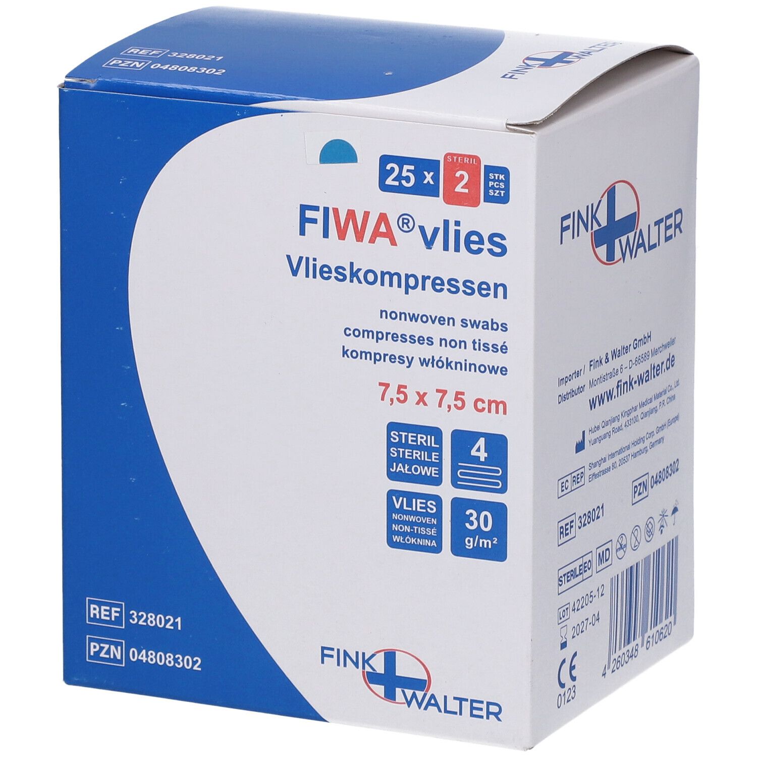 Compresses FIWA vlies, 7,5 x 7,5 cm, stériles. Emballage avec 25 x 2 pièces. Marque et informations sur l'emballage.