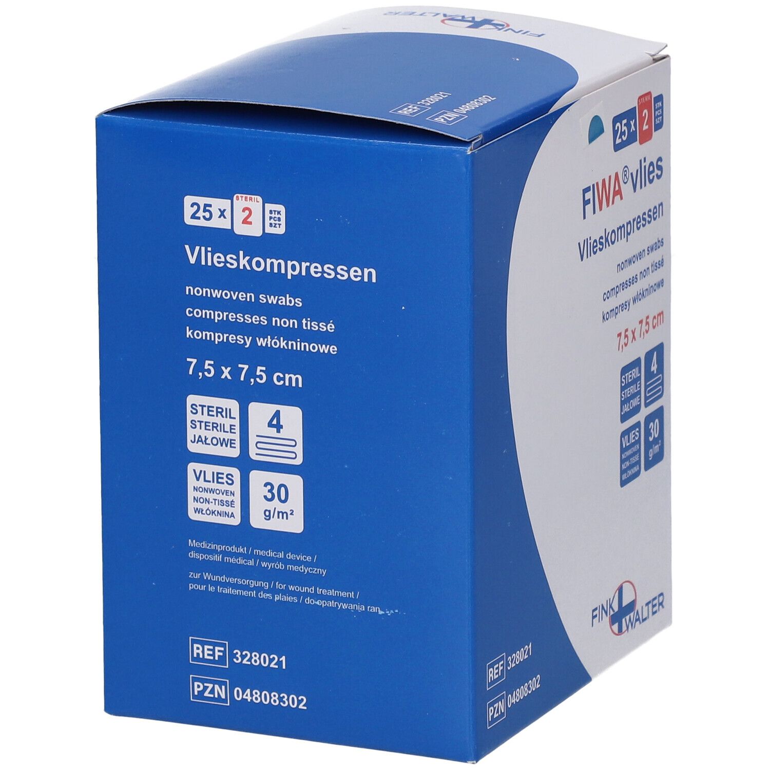 Compresses FIWA vlies, 7,5 x 7,5 cm, stériles. Emballage avec 25 x 2 pièces. Informations et marque sur l'emballage.