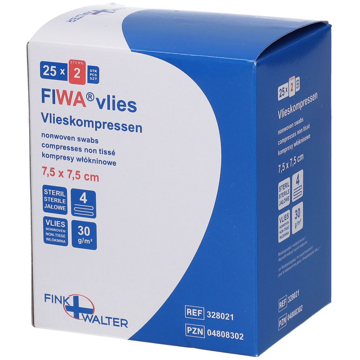 Compresses FIWA vlies, 7,5 x 7,5 cm, stériles. Emballage avec 25 x 2 pièces. Informations et marque sur l'emballage.