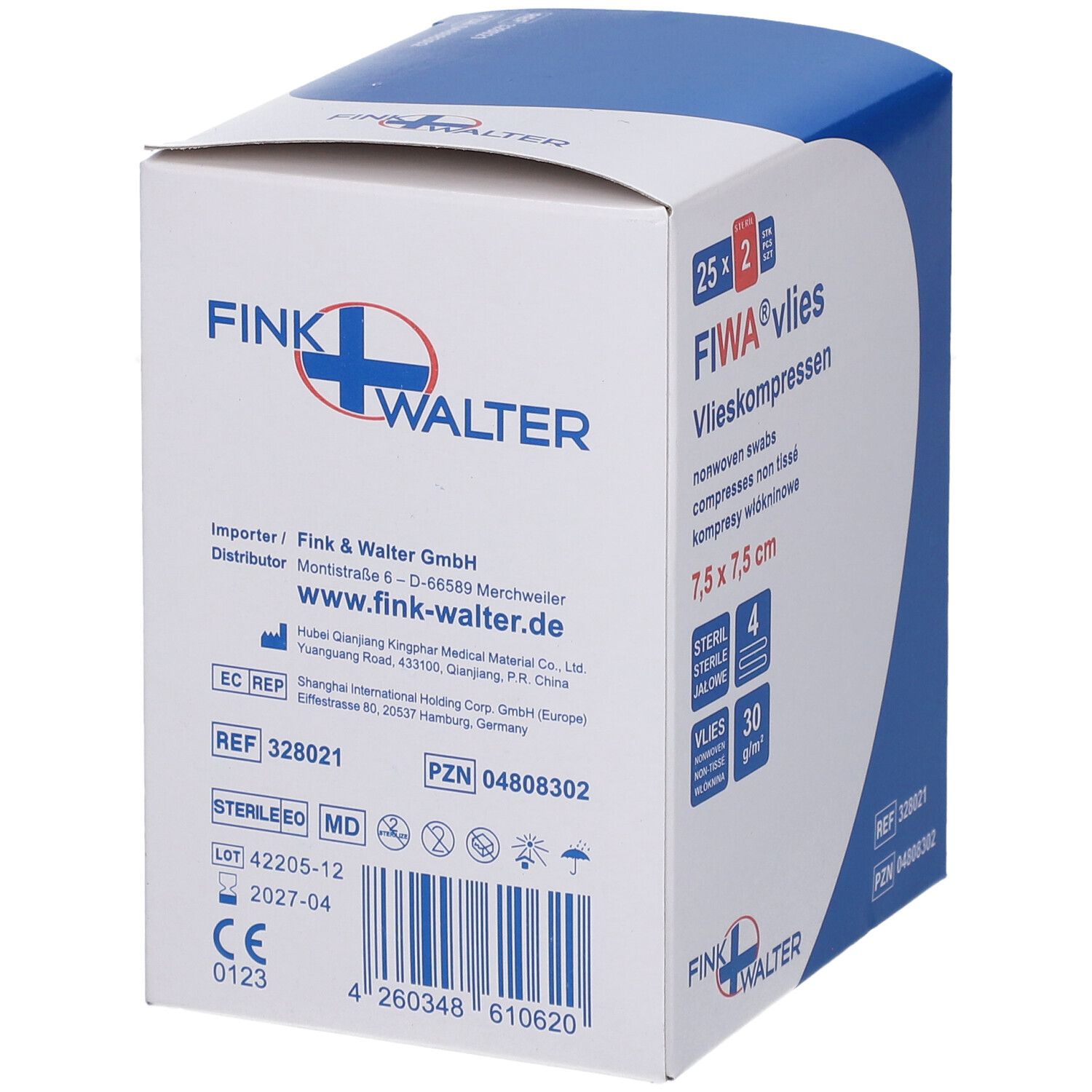 Compresses FIWA vlies, 7,5 x 7,5 cm, stériles. Emballage avec 25 x 2 pièces. Informations et marque sur l'emballage.