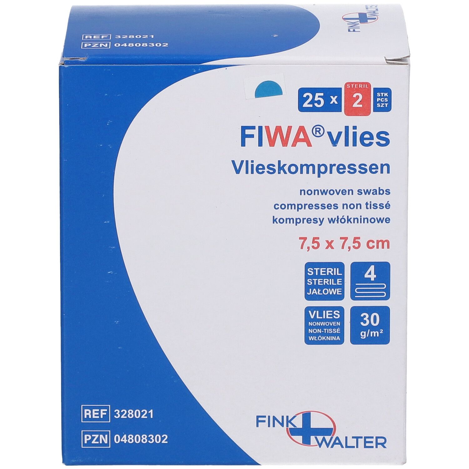 Compresses FIWA vlies, 7,5 x 7,5 cm, stériles. Emballage avec 25 x 2 pièces. Informations et marque sur l'emballage.