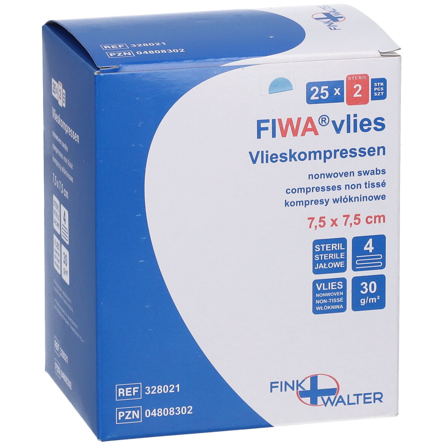 Compresses FIWA vlies, 7,5 x 7,5 cm, stériles. Emballage avec 25 x 2 pièces. Informations et marque sur l'emballage.