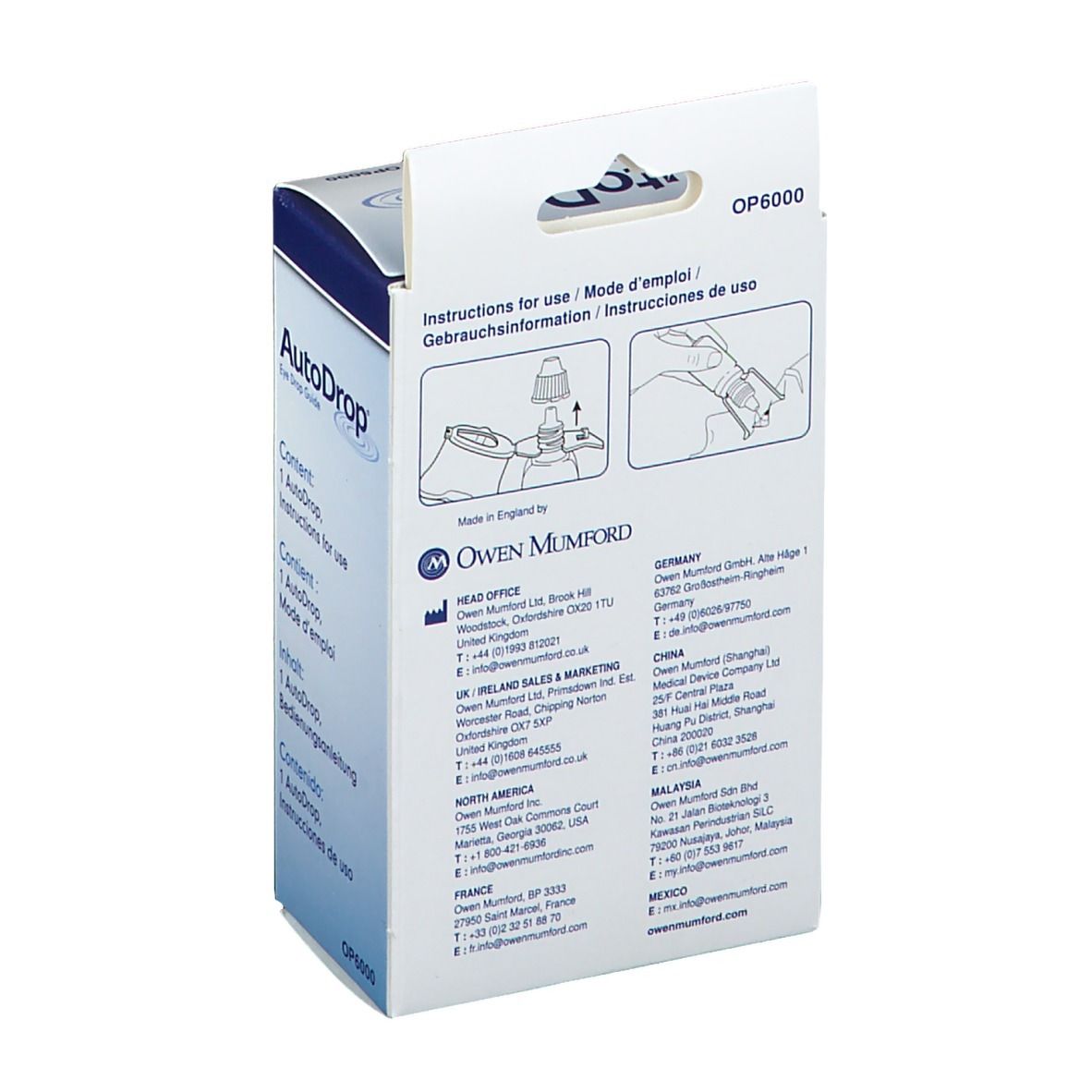 Emballage pour AutoDrop, guide d'instillation de gouttes oculaires, avec instructions.