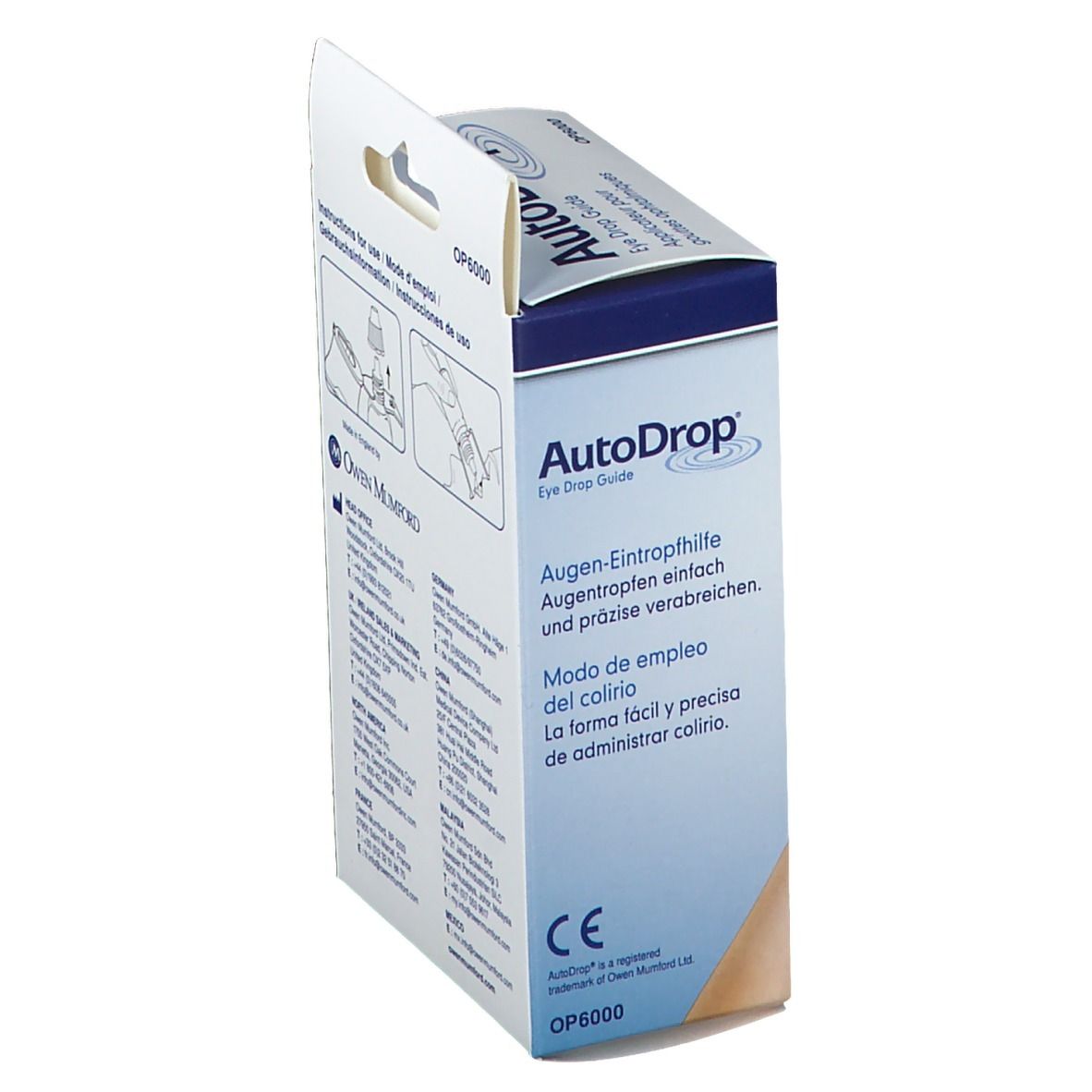 Emballage pour AutoDrop, guide d'instillation de gouttes oculaires, avec instructions.