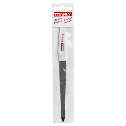 Lime à ongles dans un emballage transparent. Manche blanc, surface de limage grise. Marque TITANIA.
