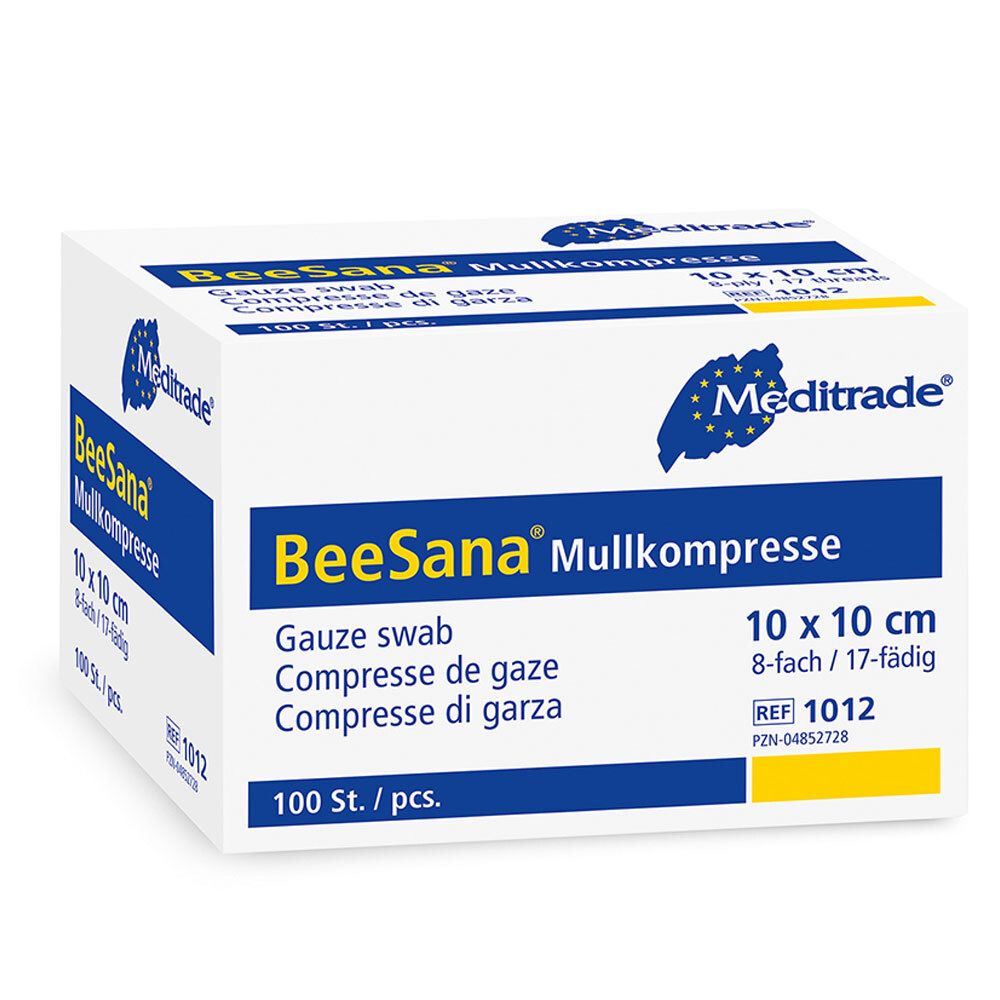 Boîte de compresses de gaze BeeSana, 10 x 10 cm, 8 plis. Marque Meditrade. Contient 100 pièces.