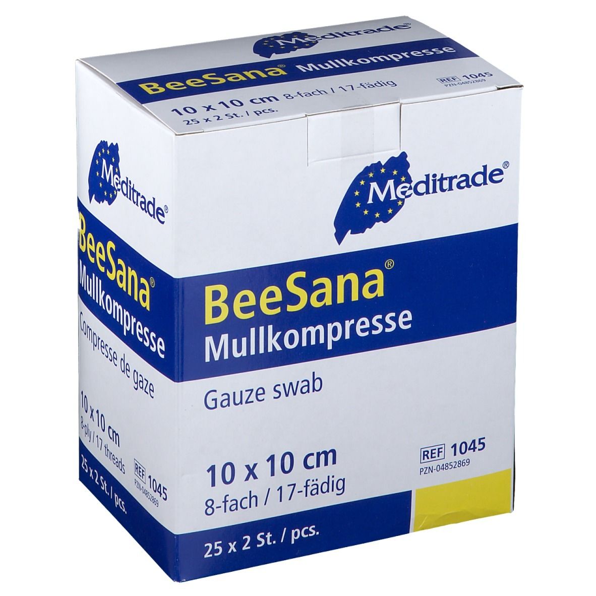 Boîte de compresses de gaze BeeSana, 10 x 10 cm, 8 plis, 25 x 2 pièces. Logo Meditrade.