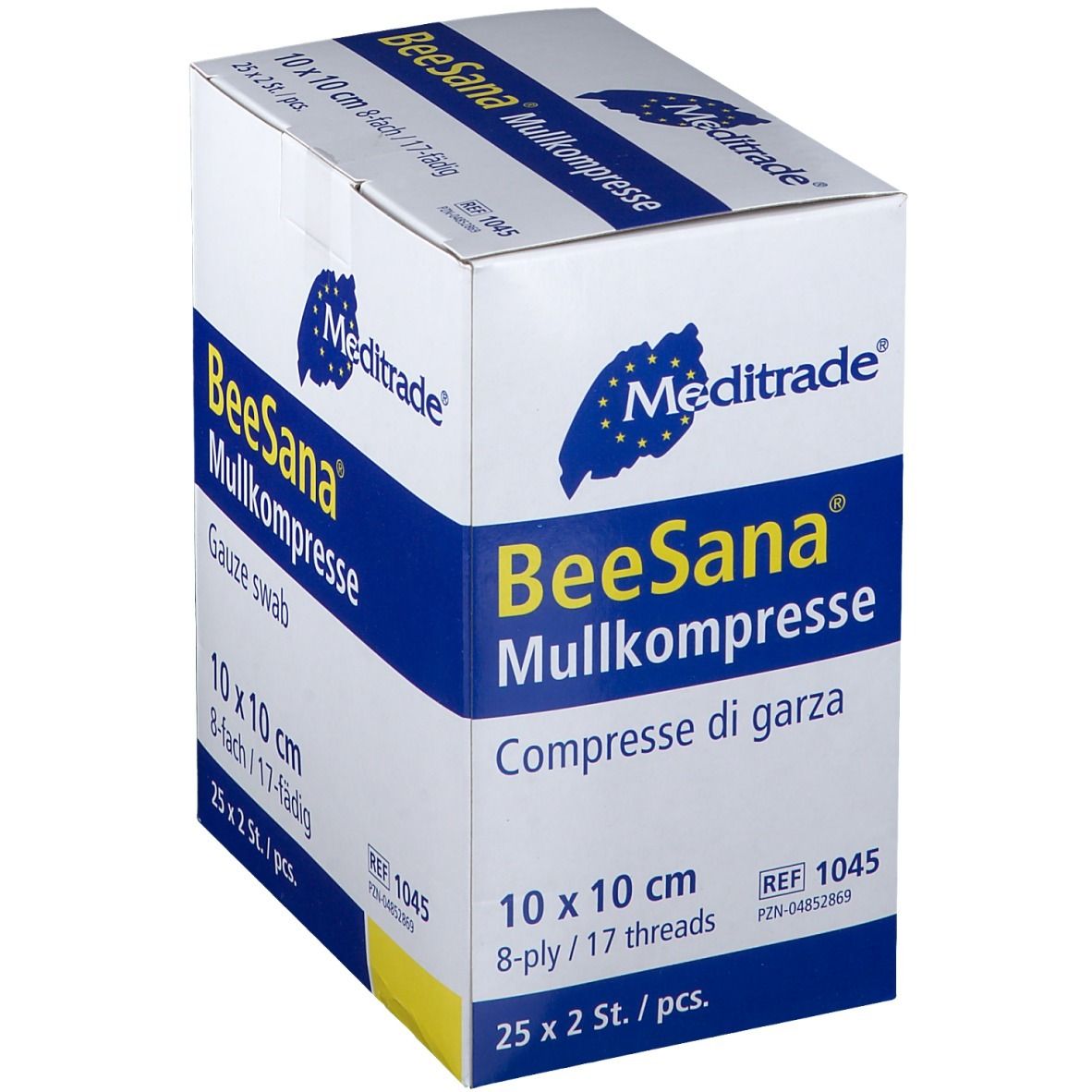 Boîte de compresses de gaze BeeSana, 10 x 10 cm, 8 plis, 25 x 2 pièces. Logo Meditrade.