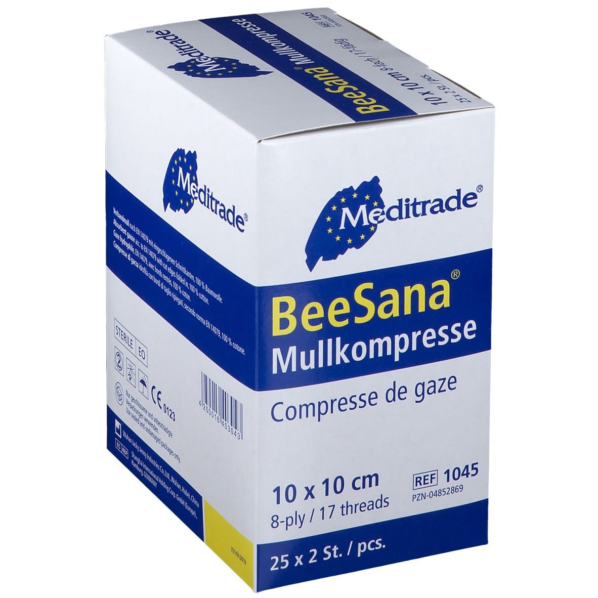 Boîte de compresses de gaze BeeSana, 10 x 10 cm, 8 plis, 25 x 2 pièces. Logo Meditrade.