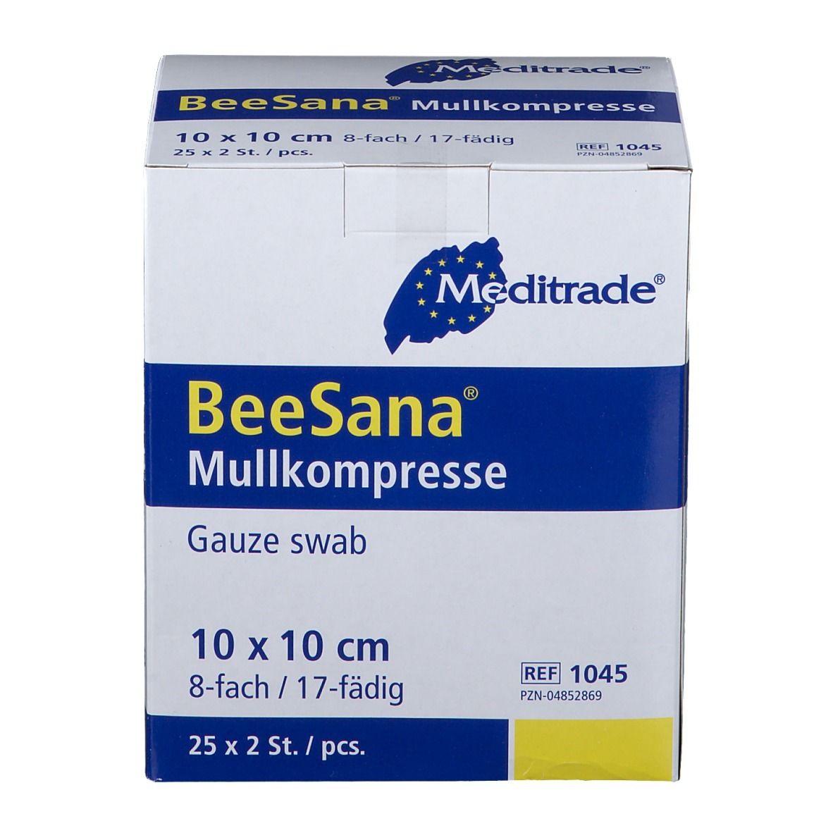Boîte de compresses de gaze BeeSana, 10 x 10 cm, 8 plis, 25 x 2 pièces. Logo Meditrade.