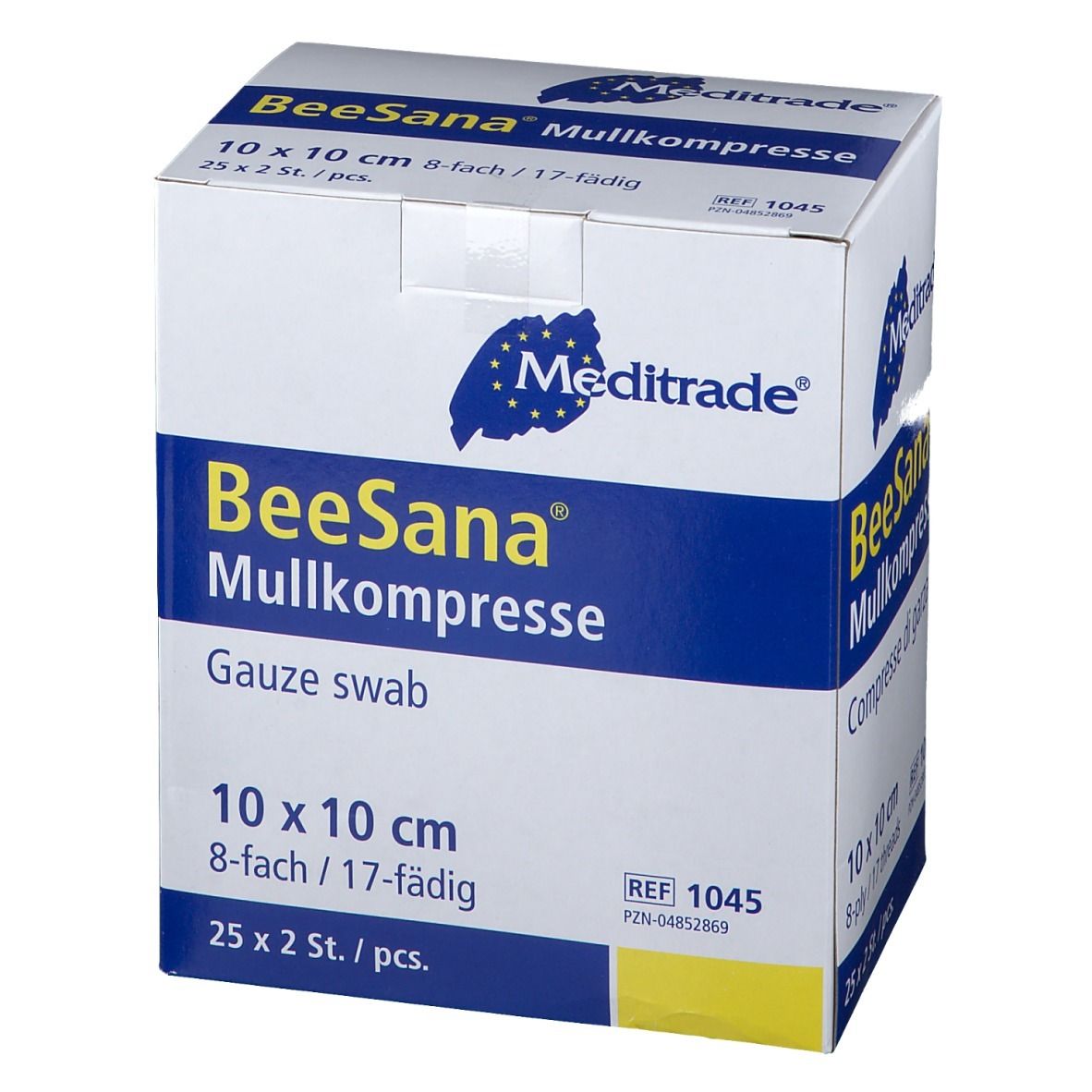 Boîte de compresses de gaze BeeSana, 10 x 10 cm, 8 plis, 25 x 2 pièces. Logo Meditrade.
