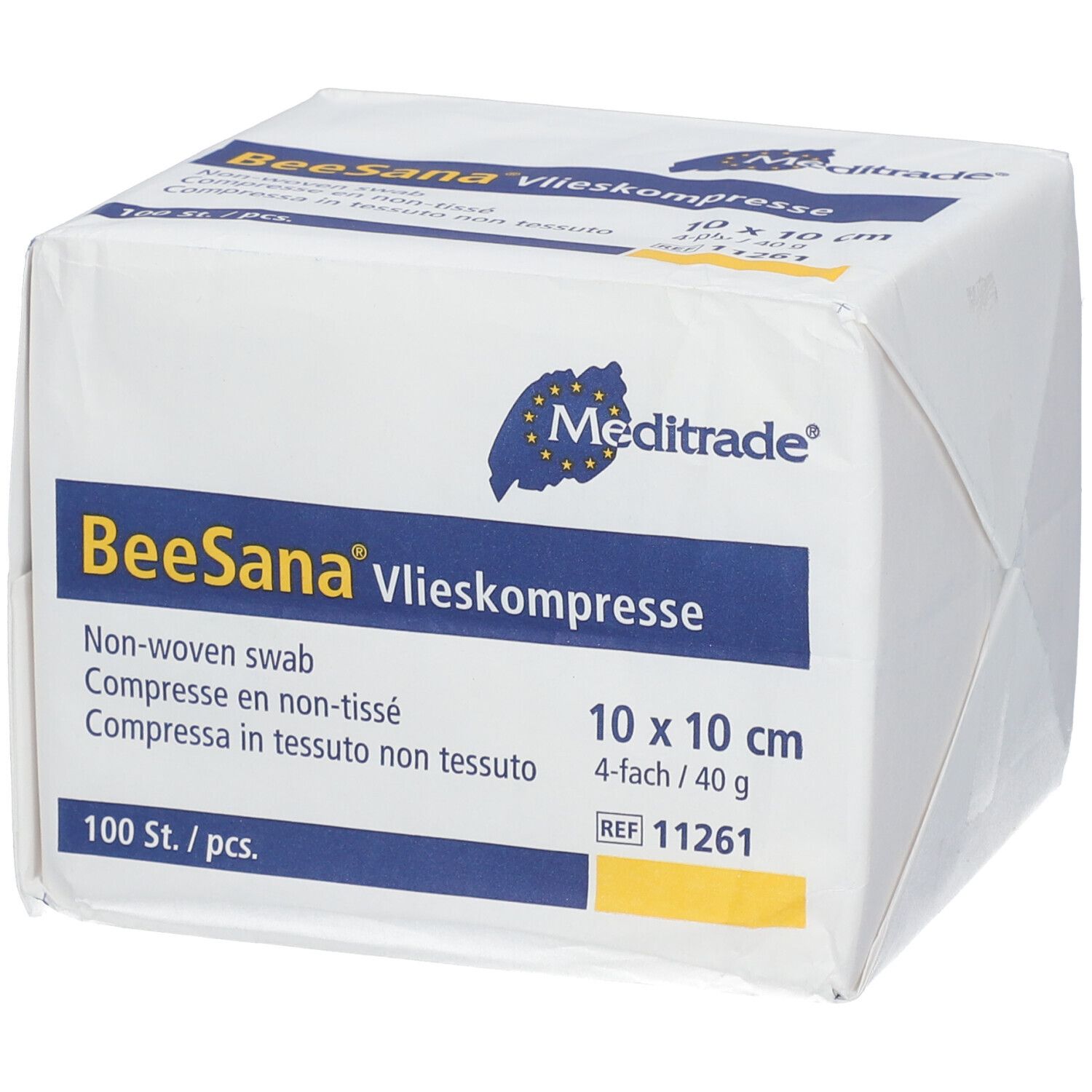 Emballage carré de compresses non tissées BeeSana. Contient 100 pièces, 10 x 10 cm. Logo Meditrade et nom du produit.