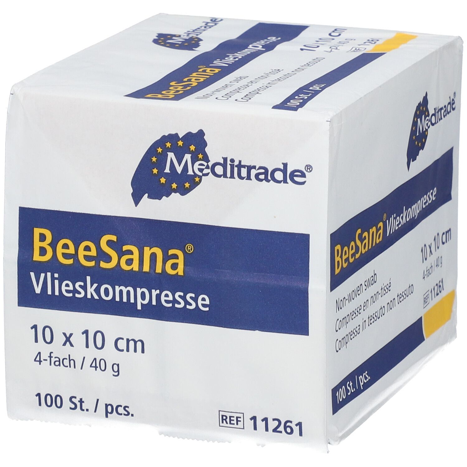Emballage carré de compresses non tissées BeeSana. Indique le nom du produit, taille 10x10 cm, 100 pièces. Logo Meditrade.