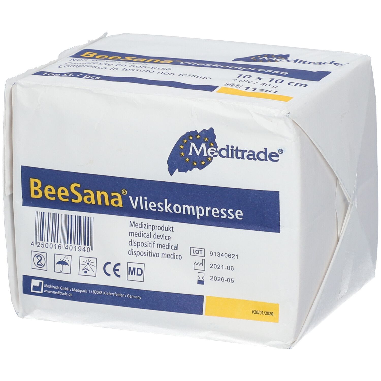 Emballage carré de compresses non tissées BeeSana. Dispositif médical. Taille 10x10 cm, 100 pièces. Marquage CE et date de péremption.