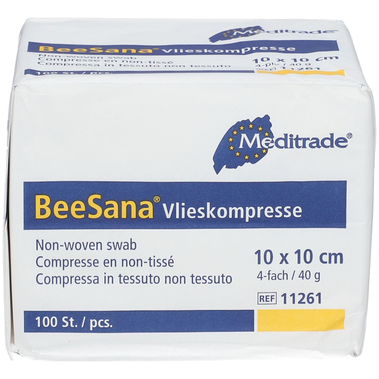 Emballage carré de compresses non tissées BeeSana. Contient 100 pièces, 10 x 10 cm. Logo Meditrade et nom du produit.