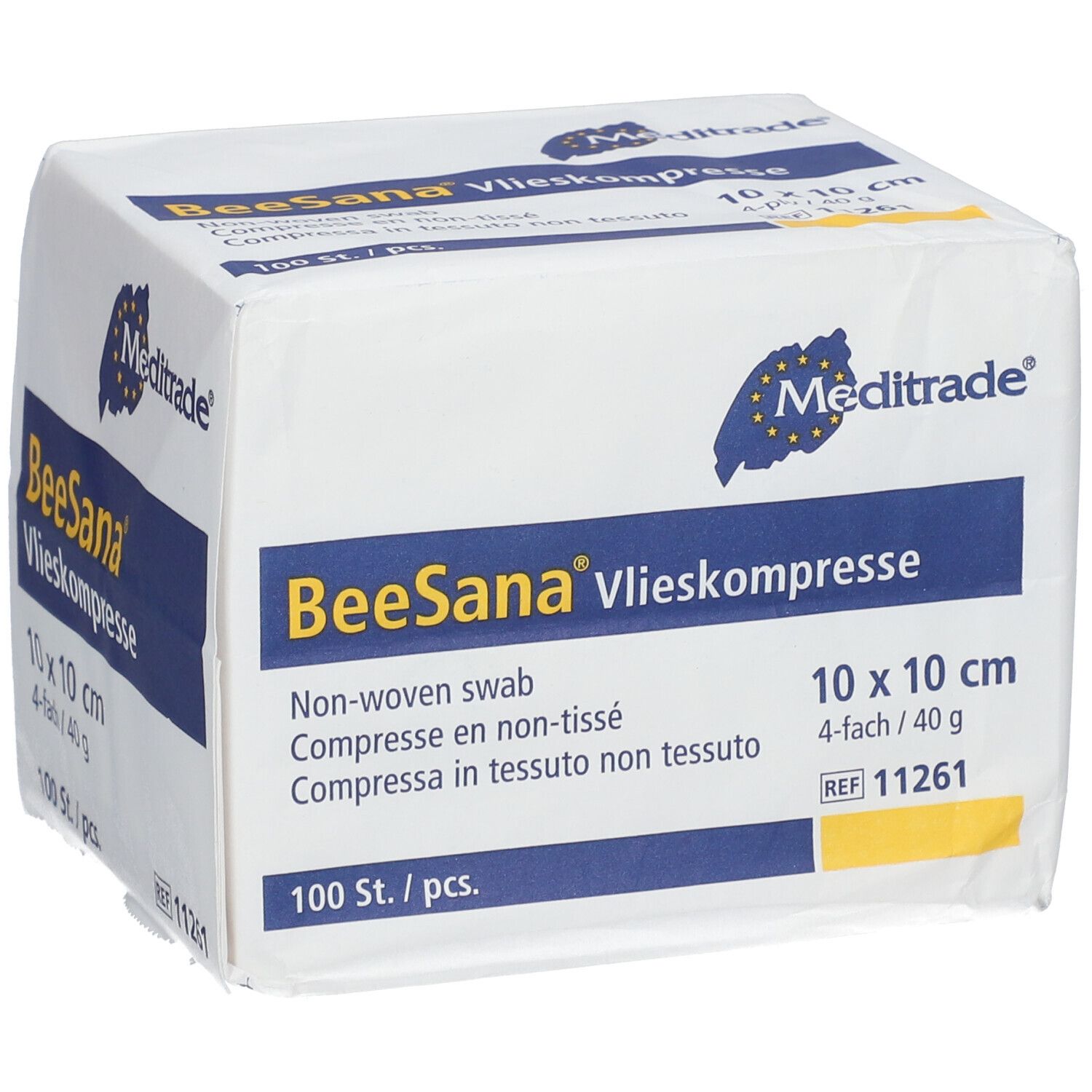 Emballage carré de compresses non tissées BeeSana. Contient 100 pièces, 10 x 10 cm. Logo Meditrade et nom du produit.