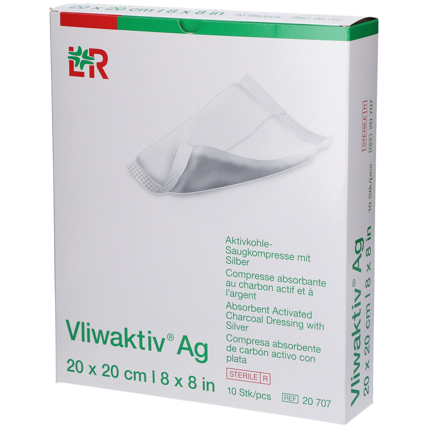 Emballage de compresse absorbante Vliwaktiv® Ag. 20x20 cm. Contient 10 pièces. Argent et charbon actif. Stérile.