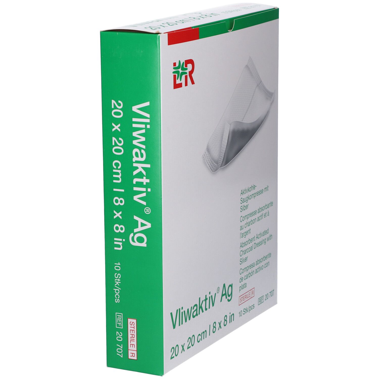 Emballage de compresses Vliwaktiv® Ag, 20x20 cm. 10 pièces. Argent et charbon actif. Stérile. Vue en coin.