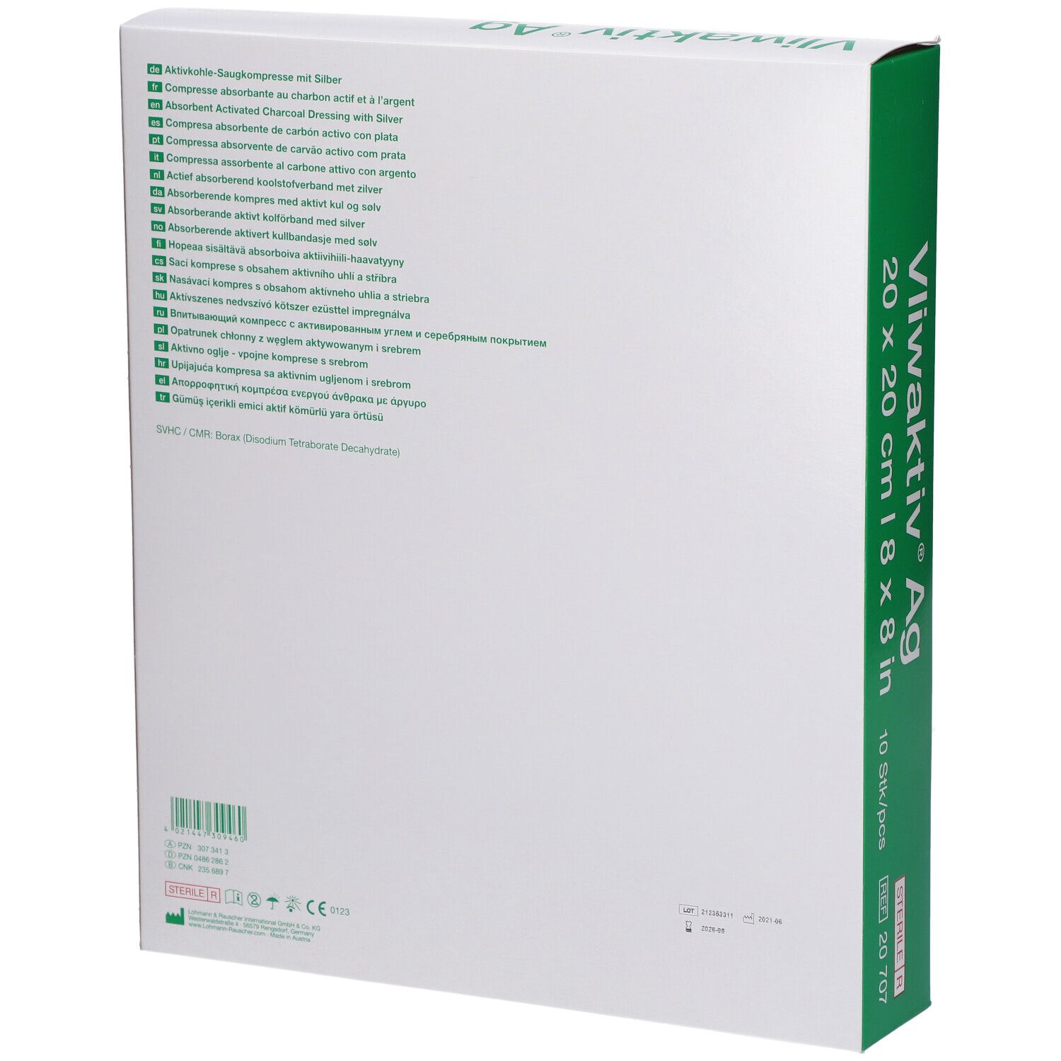 Dos de l'emballage des compresses Vliwaktiv® Ag. Informations multilingues sur le produit.
