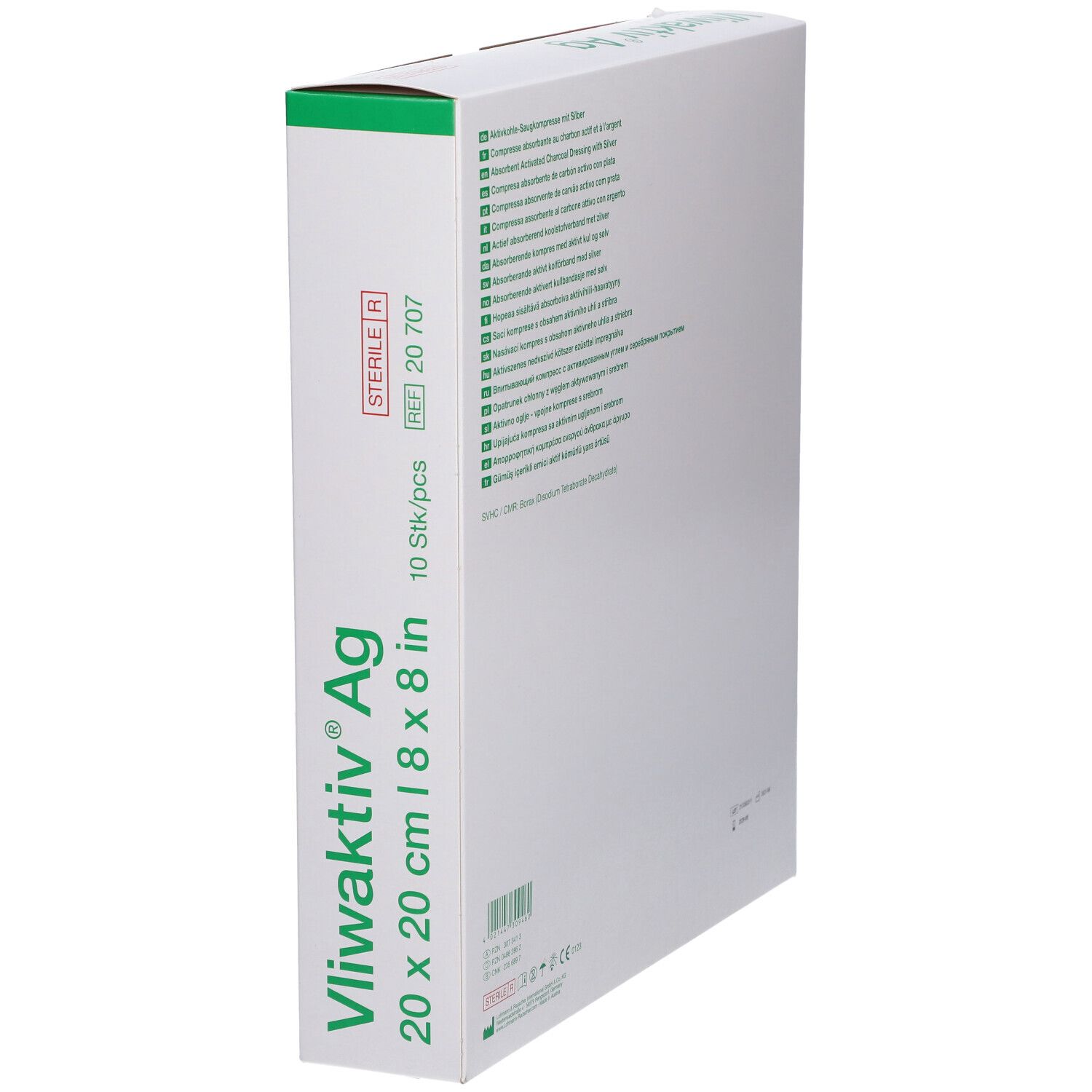 Emballage de compresses Vliwaktiv® Ag. 20x20 cm. 10 pièces. Stérile. Vue en coin.