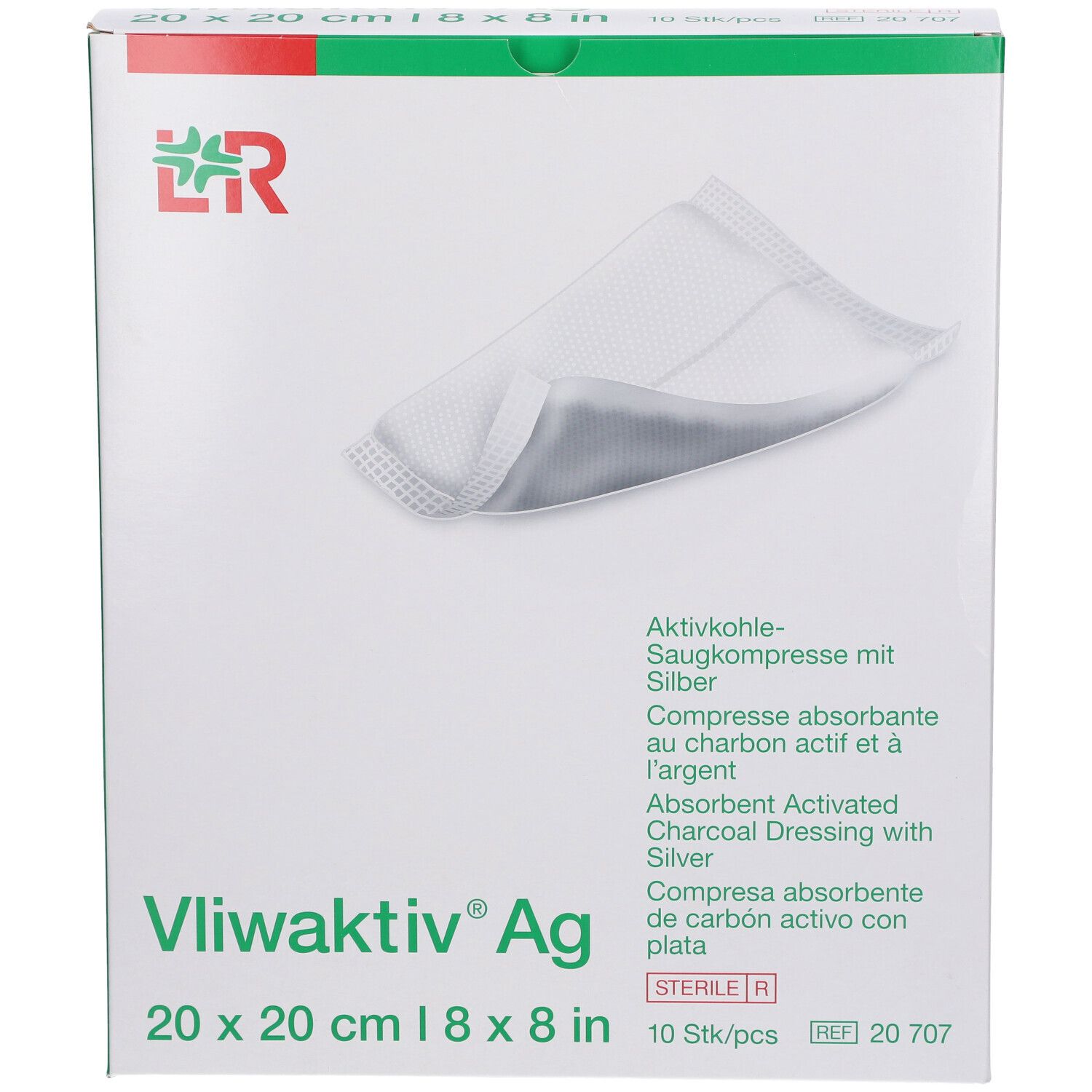 Compresse Vliwaktiv® Ag dans son emballage. 20x20 cm. 10 pièces. Argent et charbon actif. Stérile.