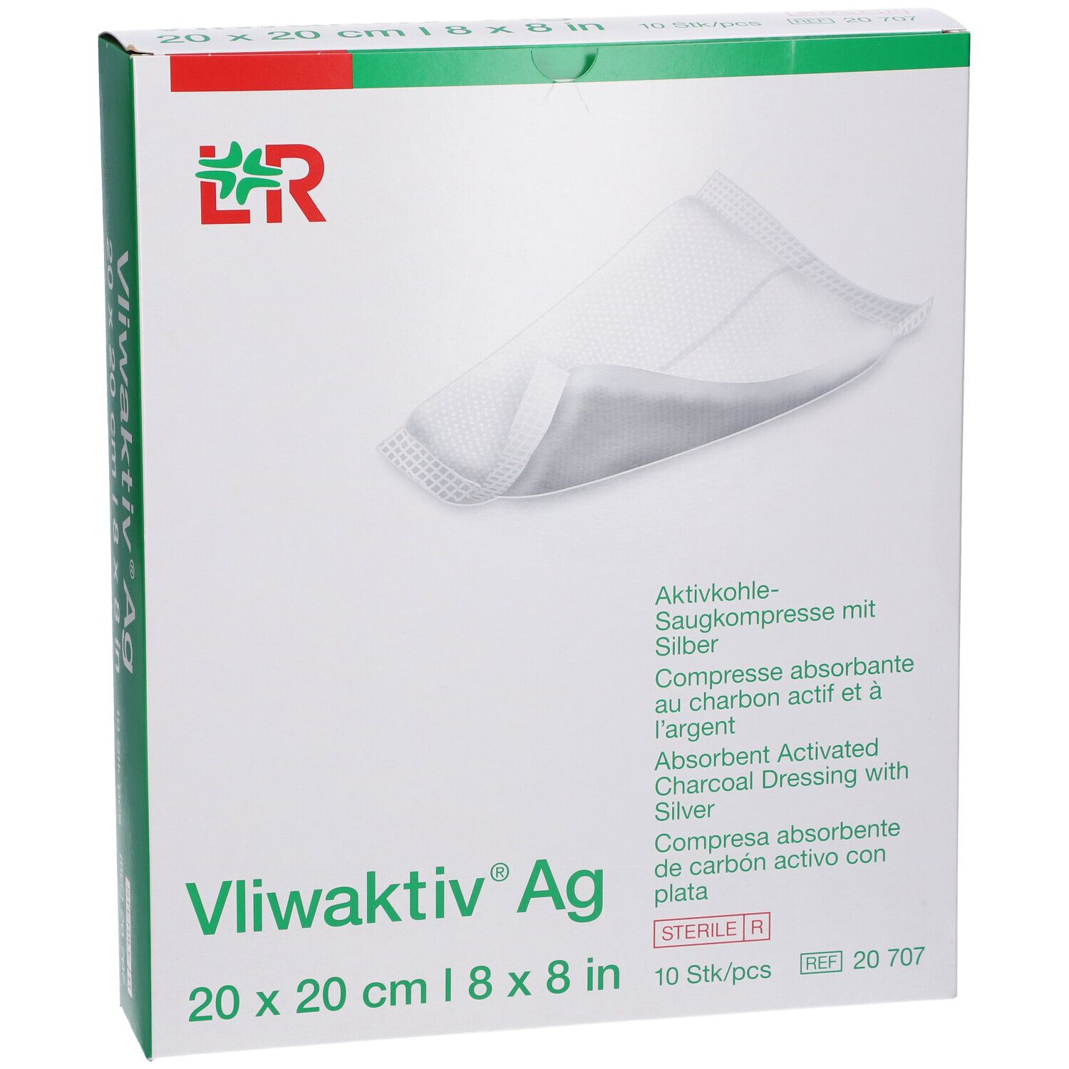 Emballage de compresses Vliwaktiv® Ag. 20x20 cm. 10 pièces. Argent et charbon actif. Stérile.