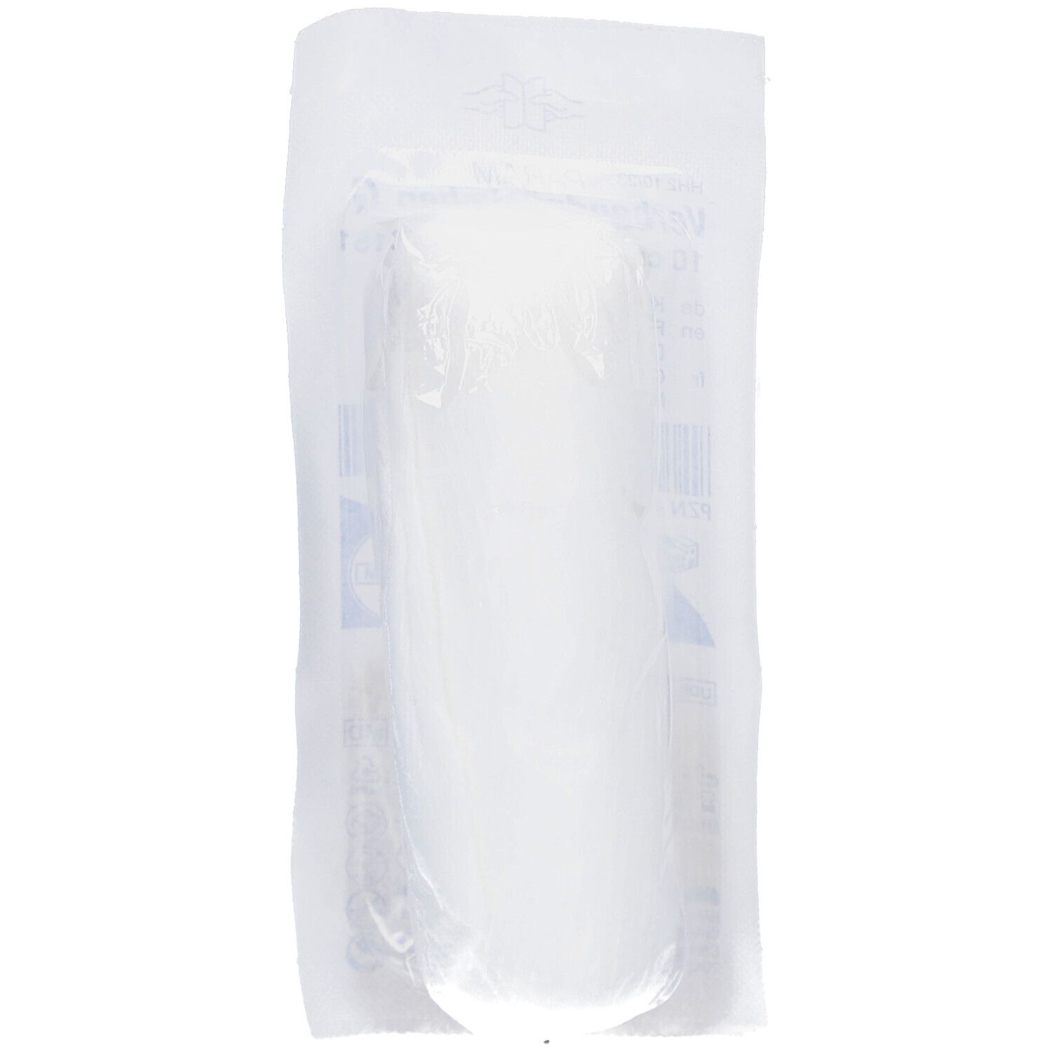 Compresse de premiers secours emballée dans un film transparent. Forme rectangulaire, matériau blanc visible.