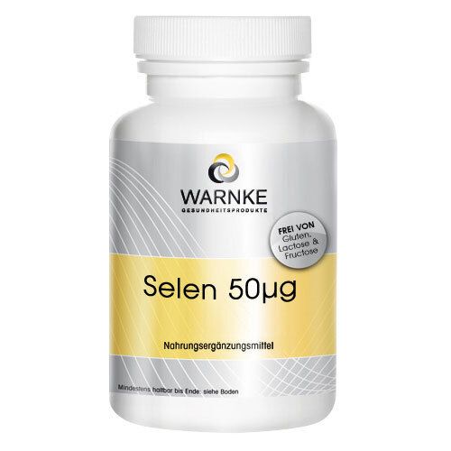 Flacon blanc avec étiquette jaune. Inscription: WARNKE Sélénium 50µg. Sans gluten, lactose et fructose. Complément alimentaire.