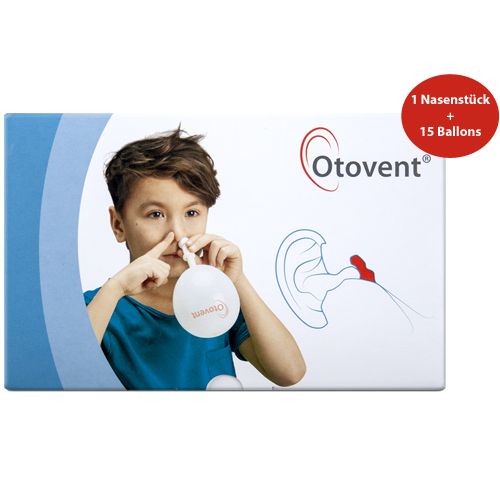 Emballage Otovent®. Illustration d'un enfant utilisant le produit. Contient 1 embout nasal et 15 ballons.