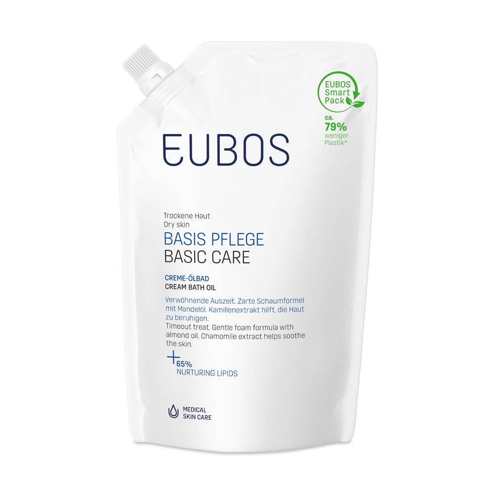 Recharge EUBOS Basis Pflege Crème-bain d'huile. Sachet blanc avec informations et logo. 79% moins de plastique.