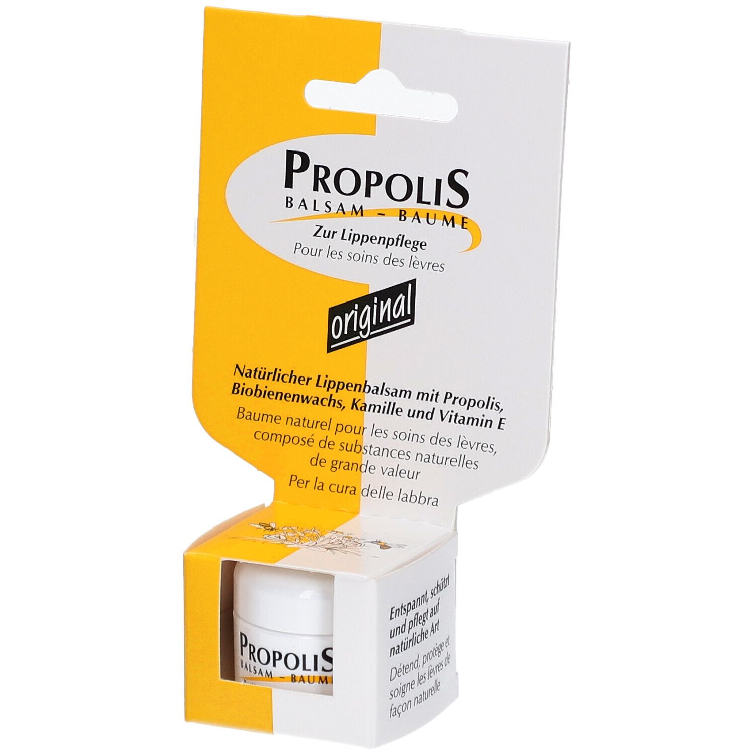 Pot de baume à lèvres dans son emballage. Inscription : Propolis Balsam. Emballage jaune et blanc avec informations.