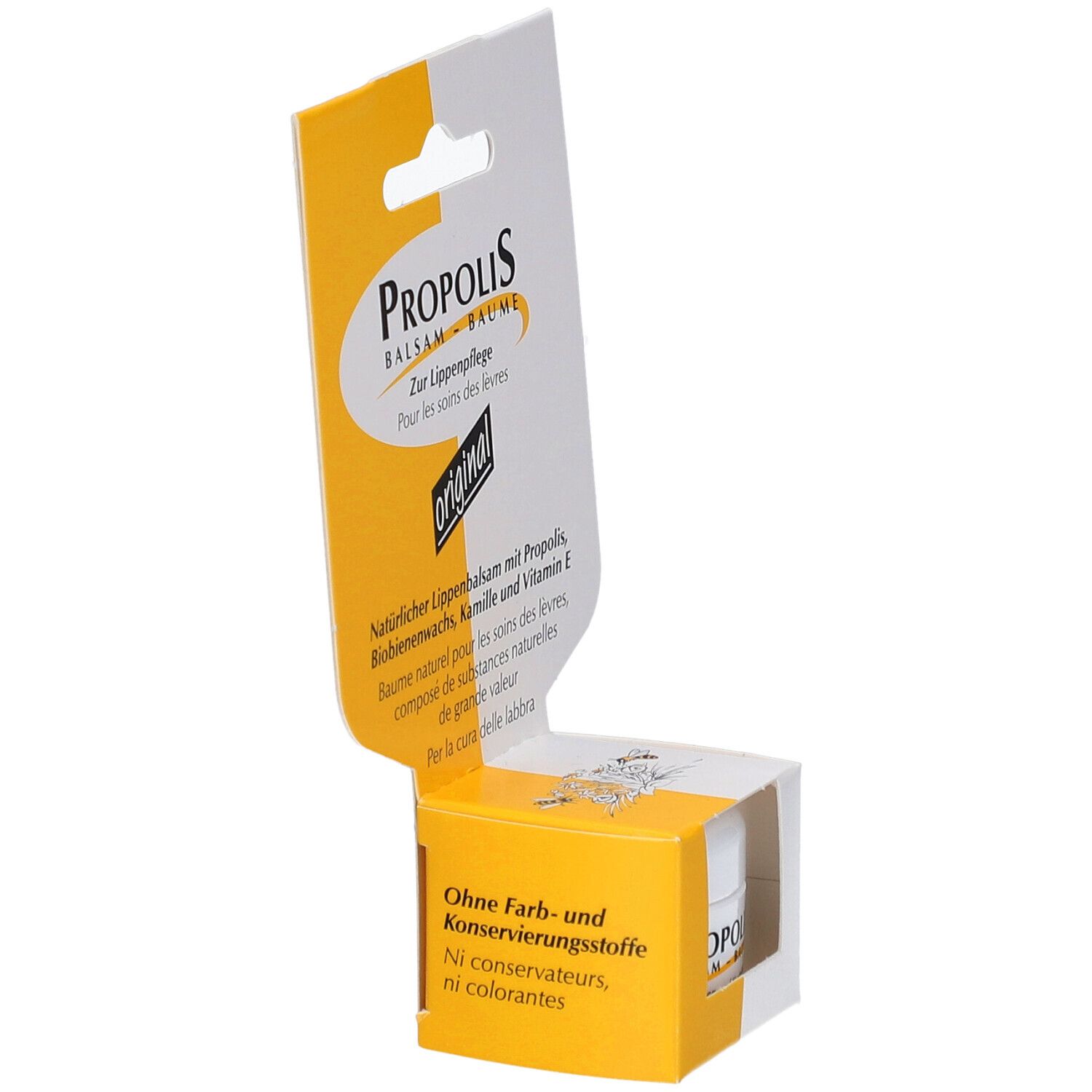 Emballage avec informations sur le produit. Inscription : Sans colorants ni conservateurs. Emballage jaune et blanc.