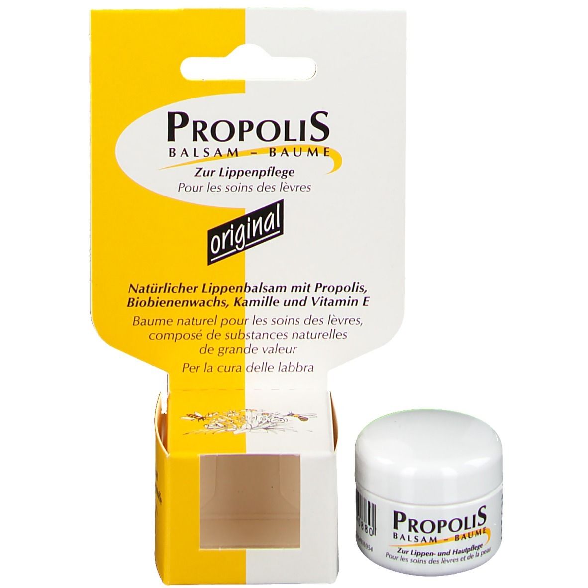 Pot de baume à lèvres et emballage. Inscription : Propolis Balsam. Emballage jaune et blanc avec informations.