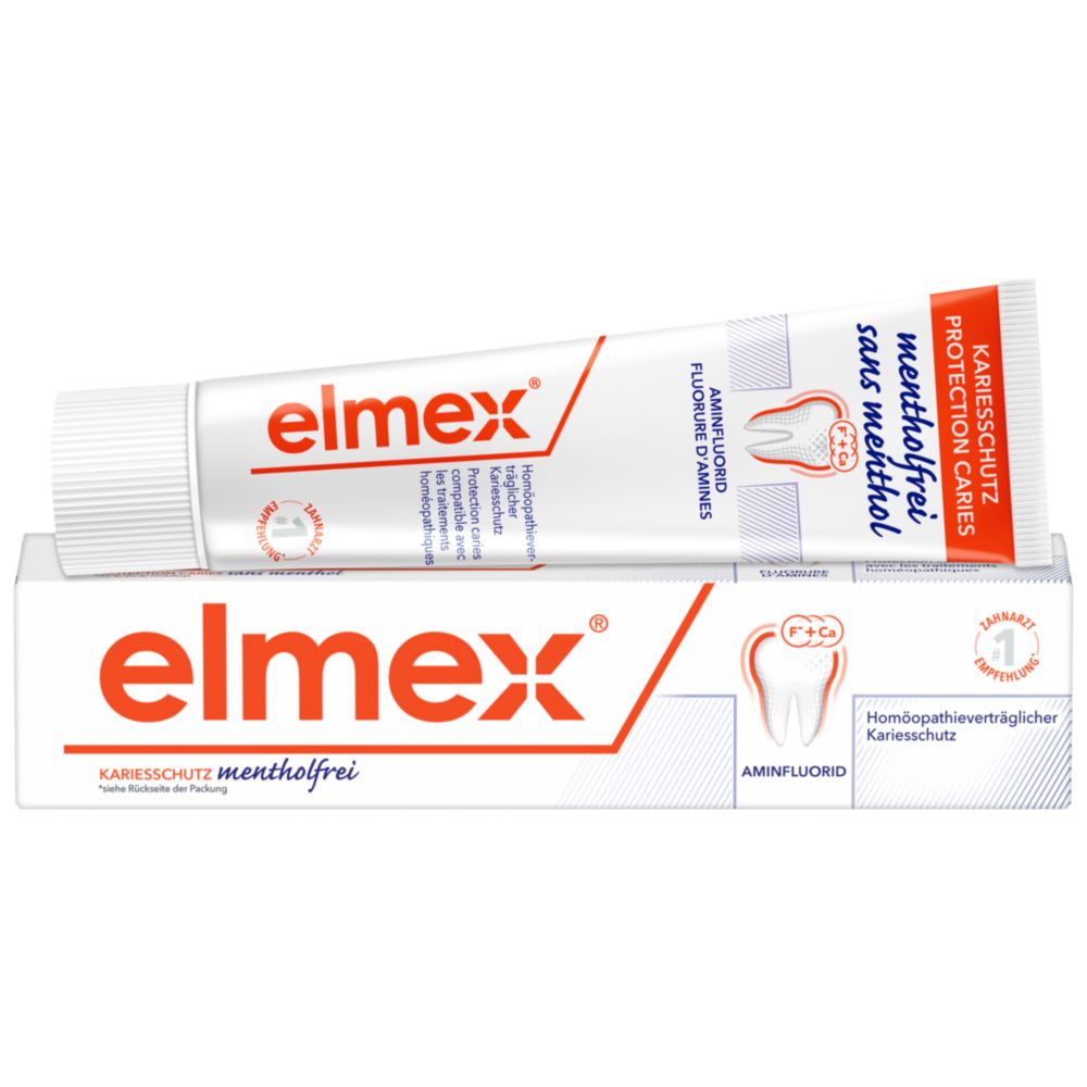 Tube et boîte de dentifrice elmex. Texte : Protection caries, sans menthol. Symbole dentaire.